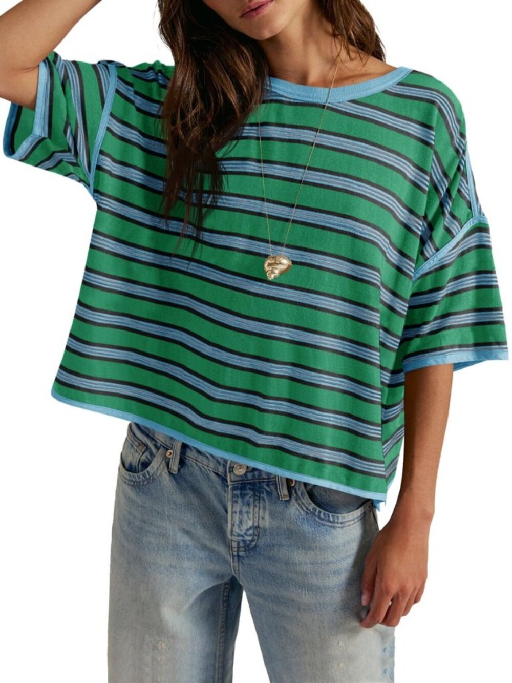 Womens Oversized Striped Tshirts Summer Short Sleeve Tops Boxy Tee
